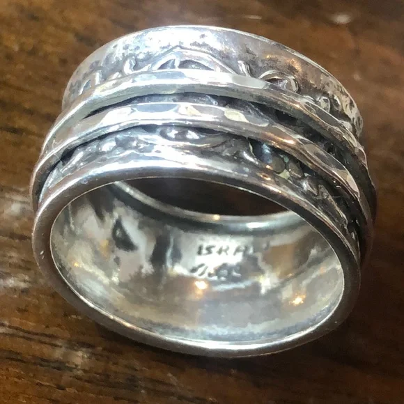 DIDAE Ornate Sterling Silver Wide Band Israeli Spinner Ring Sz. 8, 8-1/4, 10-1/4